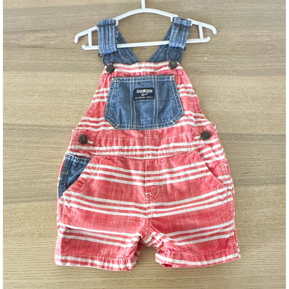 OshKosh B'gosh 12M Pink White Stripe Denim Trim Overall Shortalls Romper